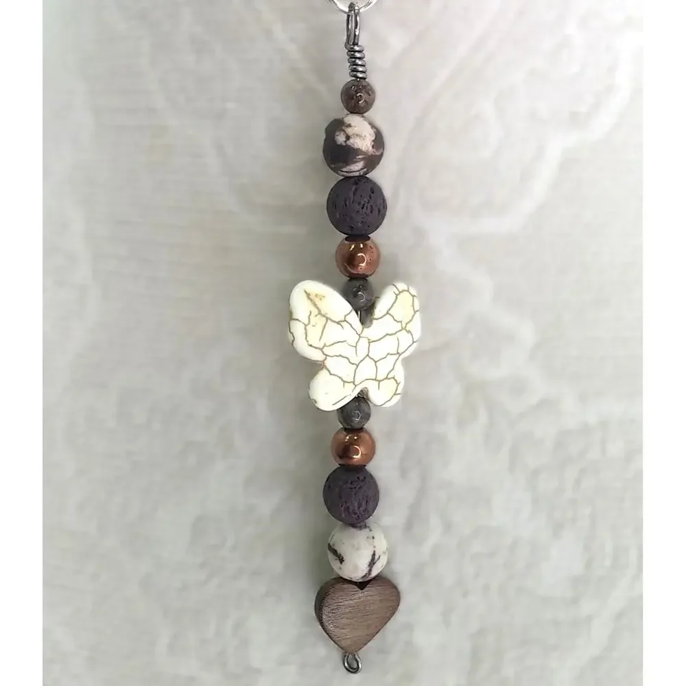 Handmade Beaded Butterfly Bag Charm Diffuser Keychain Heart Earthy Brown Cream
